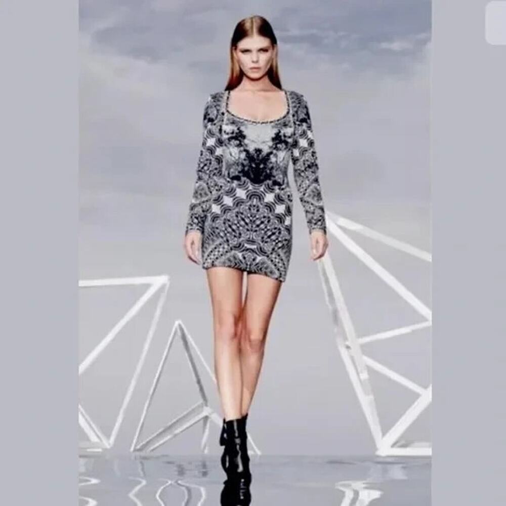HERVE LEGER Melissa Bandage-jacquard Long-sleeve Mini Dress Sz S Blue #2E505